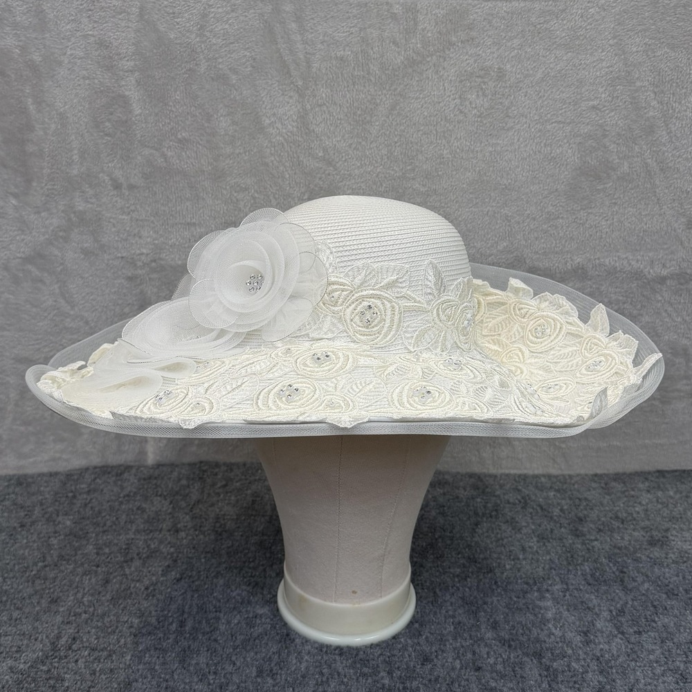 VTG Ms Divine Hat Sun Womens White Lace Embroidered Beaded Derby Wedding Church
